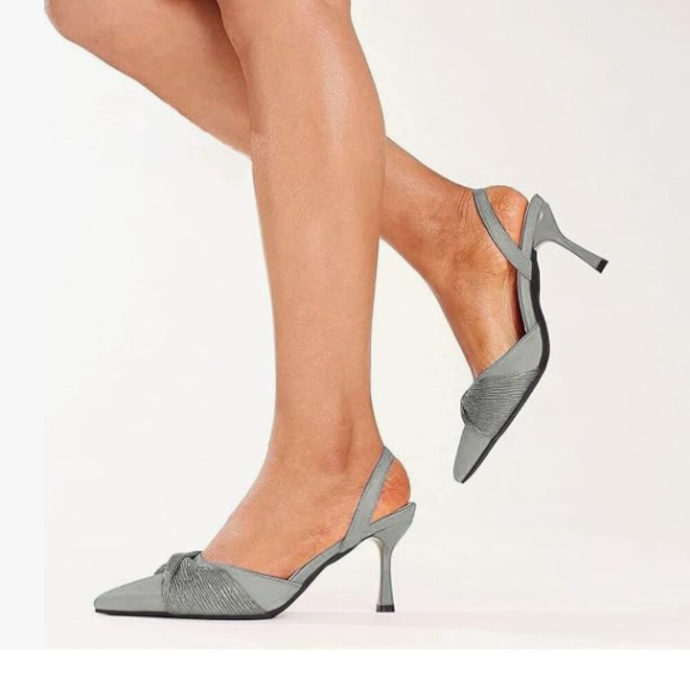 FSJ Gray Pointed Toe Slingback Heels with Textured Front